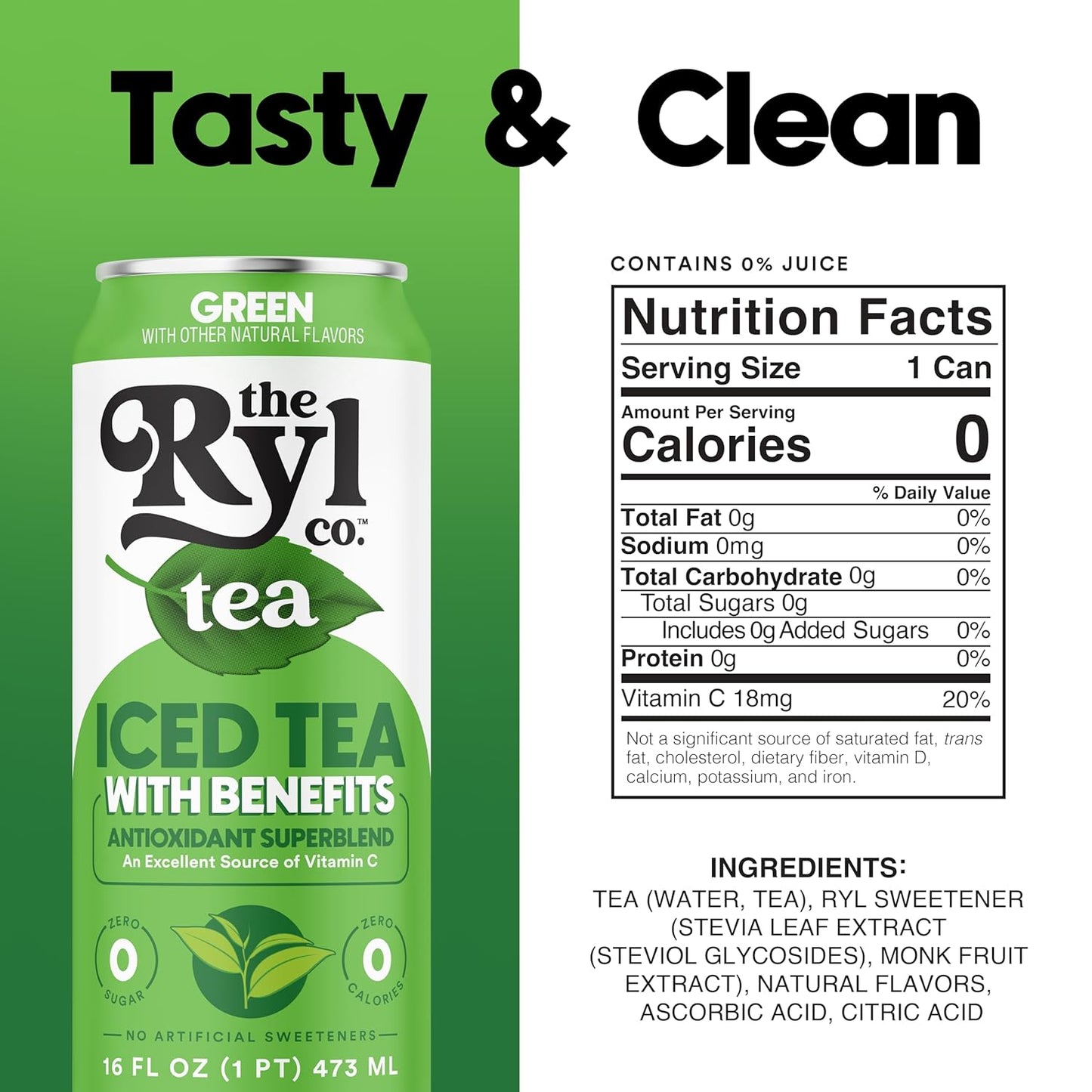 Ryl Iced Tea, Green, Antioxidant Superblend, Zero Sugar, Low Carb, Zero Calorie Iced Tea, 16.0 Fl Oz (12-Pack)
