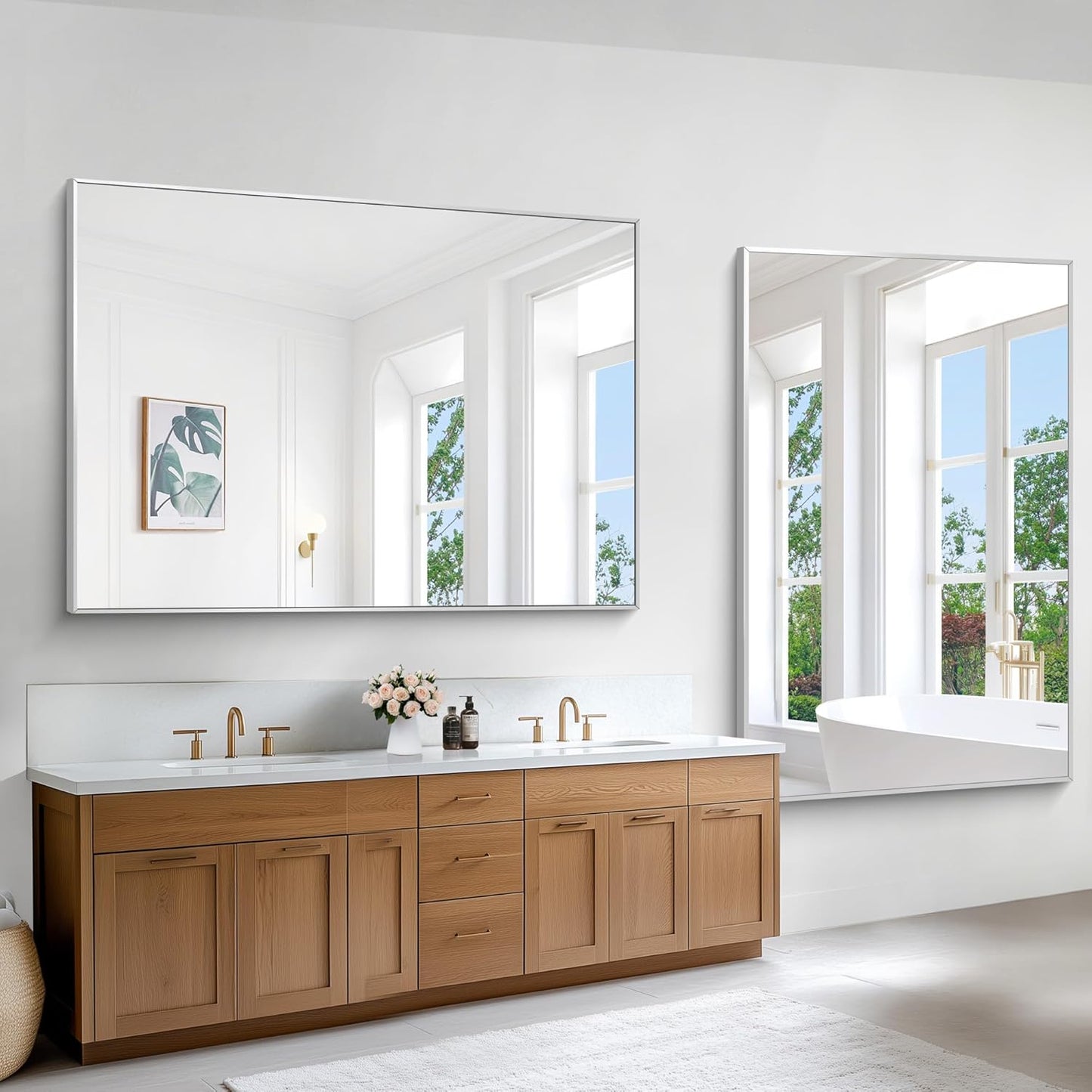 Silver Bathroom Mirror,60x40 inch Wall Mirror for Bathroom Wall Mounted,Large Rectangle Mirror for Bathroom Over Sink,Modern Metal Frame for Living Room,Bedroom Entryway,Horizontal/Vertical