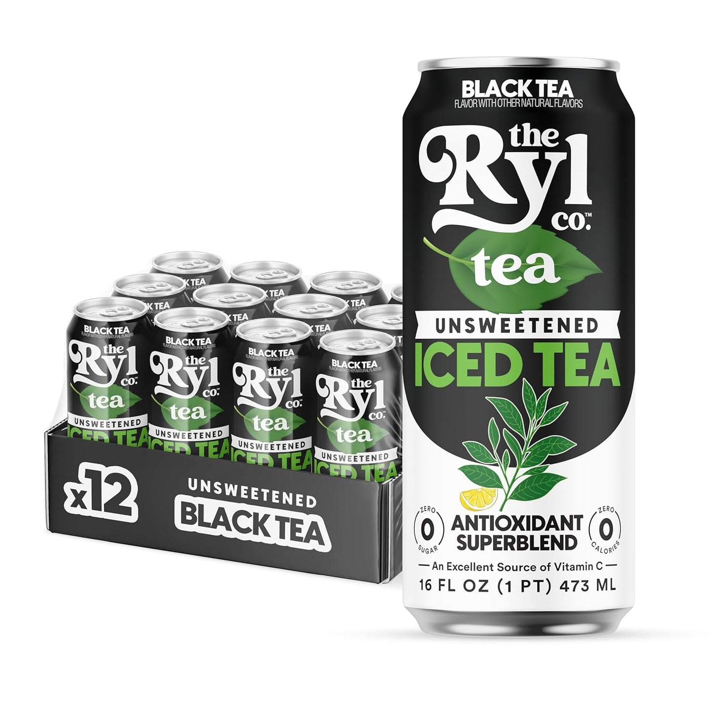 Ryl Unsweetened Black Iced Tea – Antioxidant Superblend, No Artificial Ingredients, Zero Sugar, Zero Calorie, Low Carb, Non-GMO, Kosher, Gluten Free, Made in the USA, 12-Pack, 16 Fl Oz