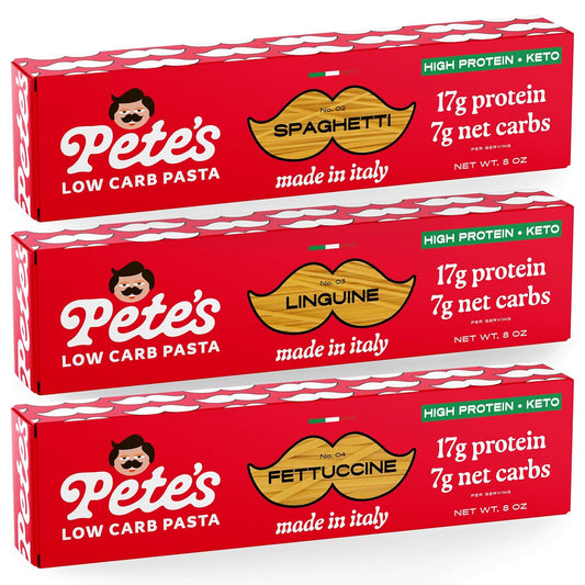 17g High Protein Variety Spaghetti, Fettuccine, Linguine Pasta | 7g Low Carb Keto Pasta | Healthy, Italian Pasta From Italy | 3-Pack, 8oz - Pete's Pasta