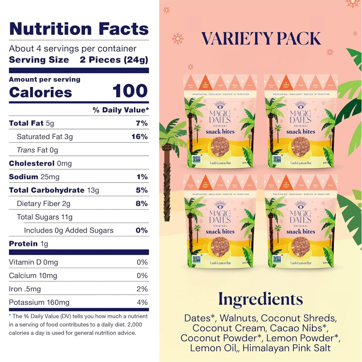 MAGICDATES Date Snack Bites | Lush Lemon Bar – 4 Bags (16 Servings) | Medjool Dates | Gluten-Free | Vegan | Paleo | No Added Sugar | Plant-Based Citrus Snack | Healthy On-the-Go Bites