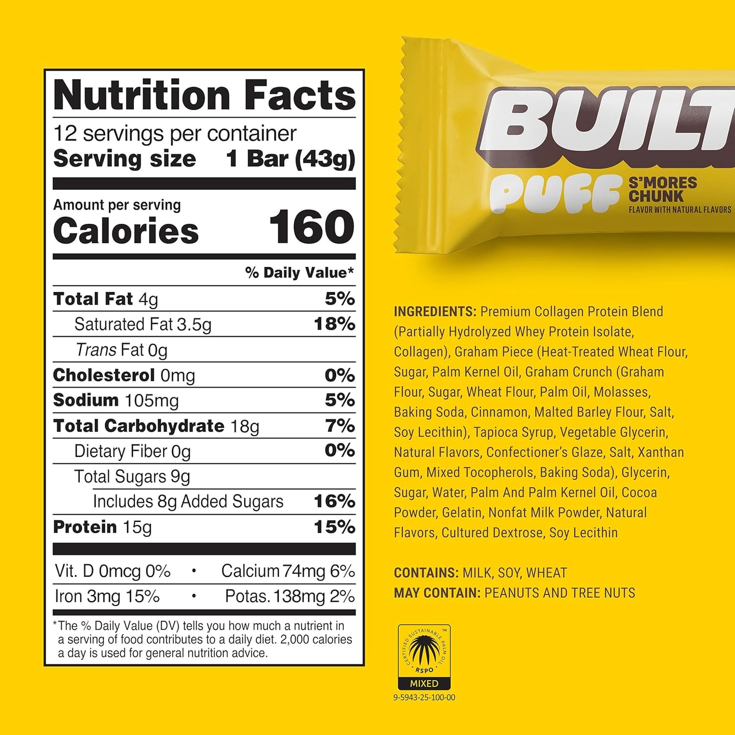 Built Bar, Puff Protein Bars, S'mores Chunk Puff, 15g Protein Snacks, On-The-Go Bars, Only 160 Calories, 9g Sugar, Collagen, Not Gluten Free, 12 Count