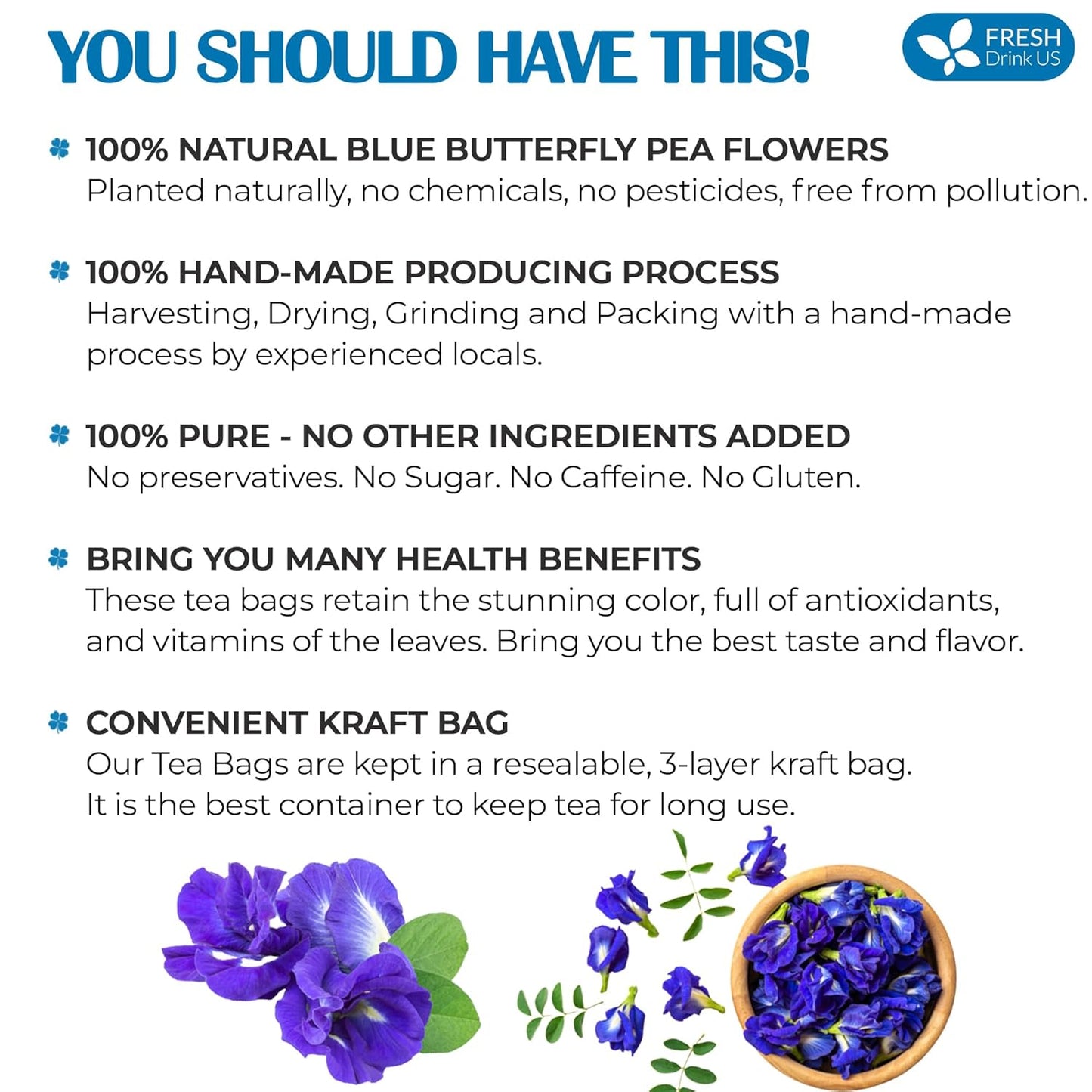FreshDrinkUS, 100 Premium Butterfly Pea Flower Tea Bags – 100% Pure & Natural | Caffeine-Free Herbal Blue Tea | No Additives, Non-GMO, Made With Natural Material Tea Bag, No Sugar, No Caffeine, No Gluten, Vegan