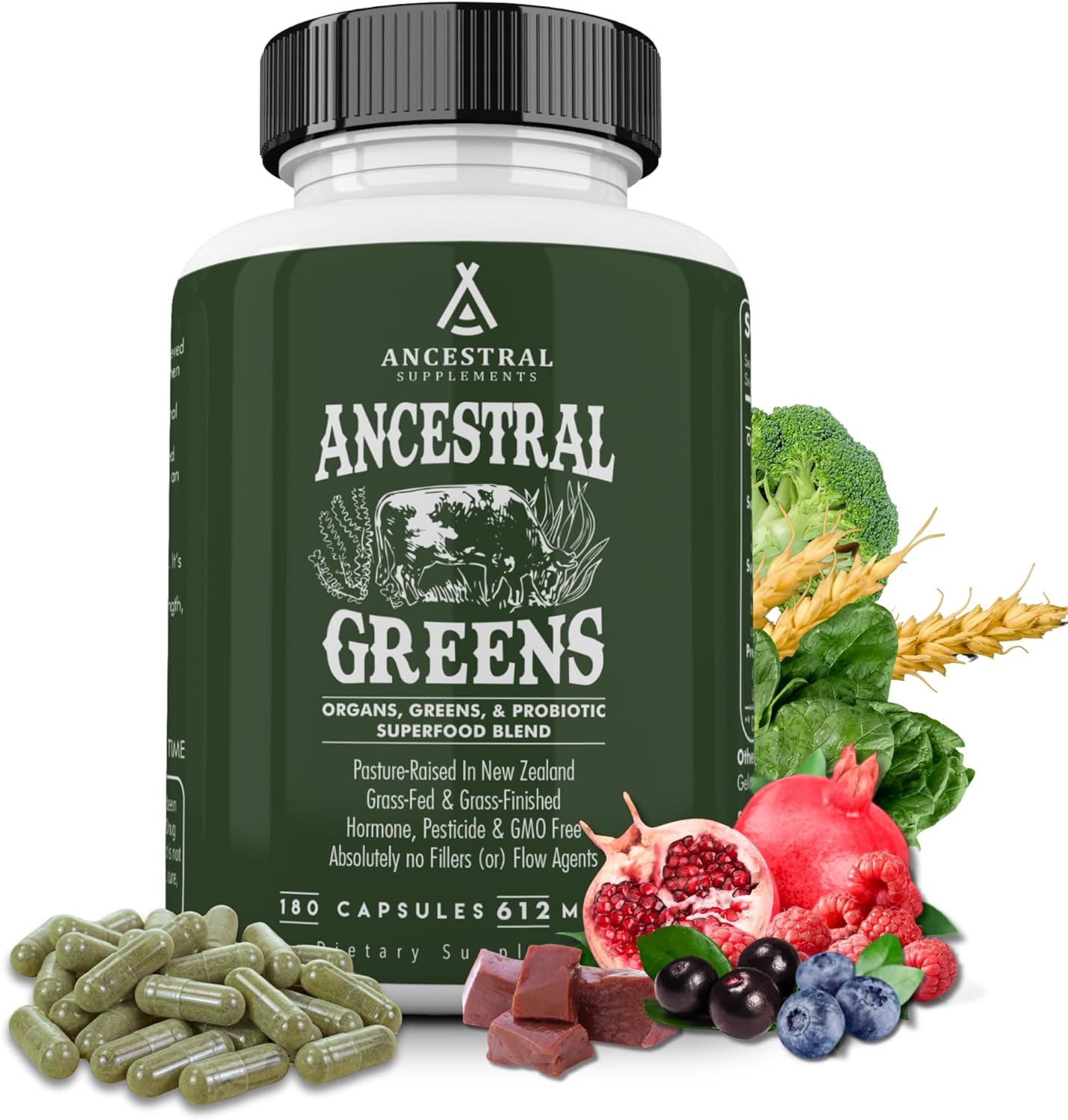Ancestral Supplements Greens Powder Capsules, Organic Superfood Greens & Reds Blend with Spirulina, Chlorella, Grass Fed Beef Organs, and Probiotics for Gut Health, Non GMO, 612mg Each, 180 Count