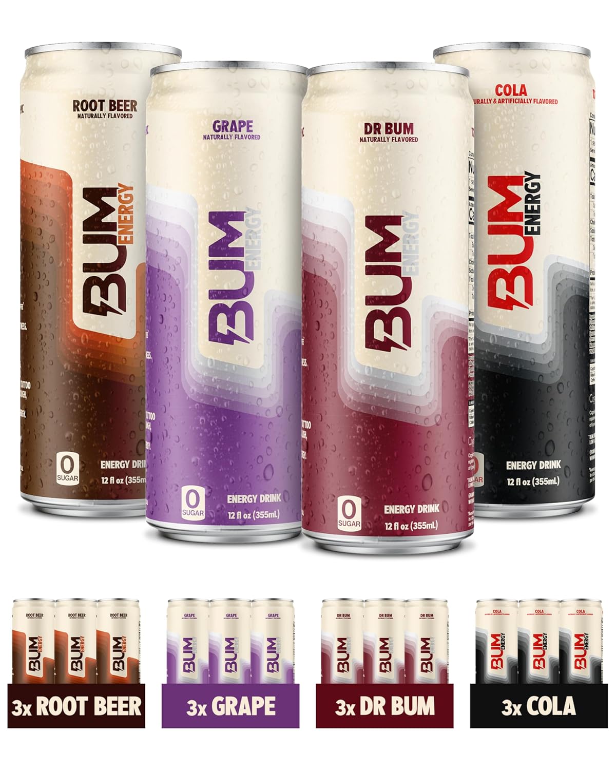 BUM Sugar-Free Energy Drink, Variety Pack - Lightly Carbonated & No Artificial Colors, Natural Caffeine & Citicoline for Energy & Focus, Brain Boost & Workout Sports Beverage - 12 oz, Pack of 12
