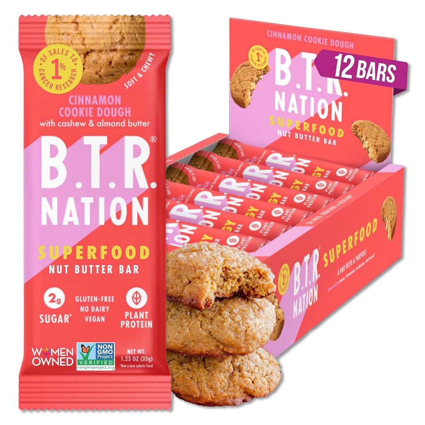B.T.R. Nation Superfood Keto Protein Bars, Plant Based Vegan Protein - Cinnamon Cookie Dough ENERGY | 12 Pack| Low Carb, Low Calorie, Gluten Free, No Sugar Alcohols, Boosted with Superfoods