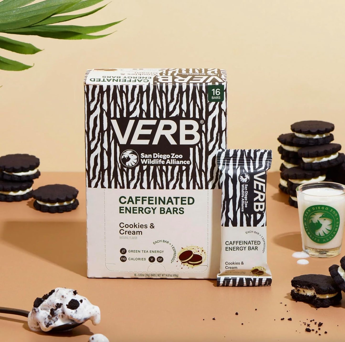 Verb Caffeinated Energy Bars Cookies & Cream (26g, Pack of 16) 110-Calorie Delicious Low Sugar Energy Bar - Vegan Gluten Free On-the Go Snack with 80mg Green Tea Caffeine, Only Real-Food Ingredients