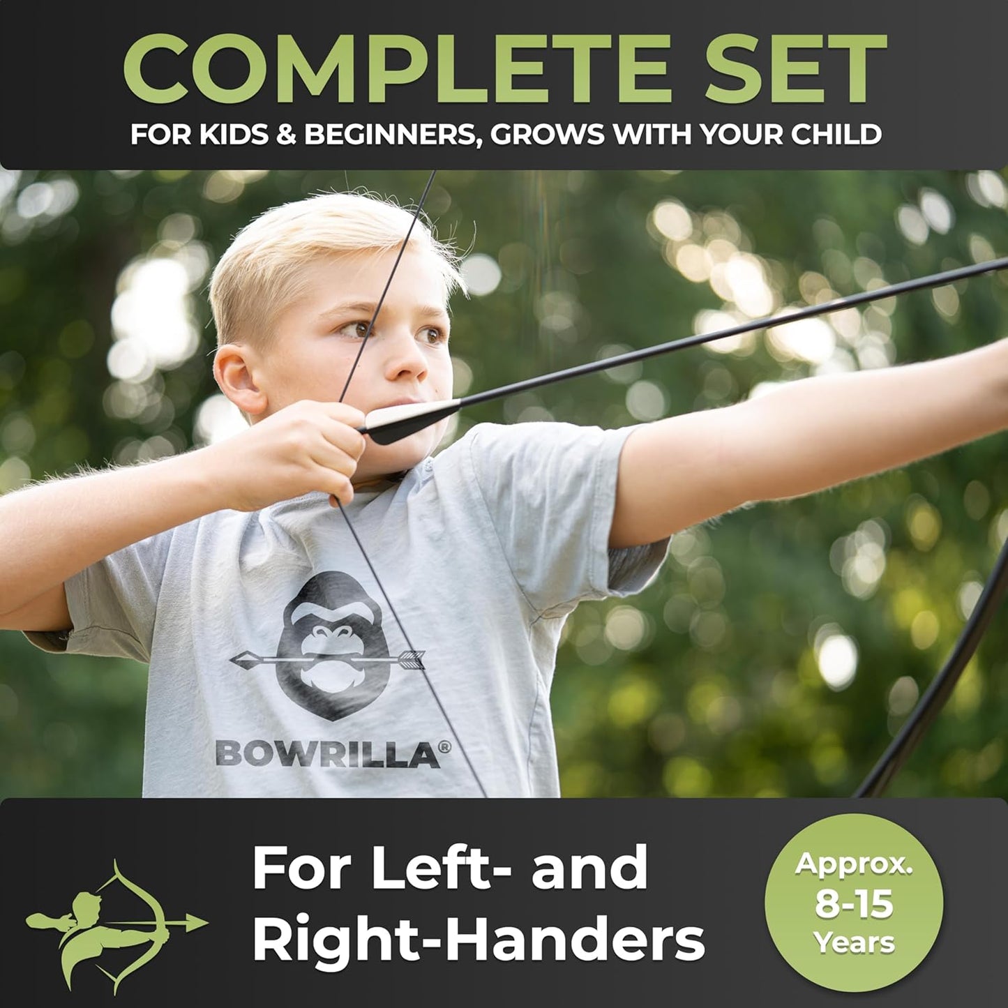 BOWRILLA® Bow and Arrow for Kids | Beginners Archery Set with 6 Arrows, Ideal for Kids & Teens 8 to 15 Years | 3-Piece Take-Down Recurve Youth Bow and Arrow Set, Perfect for Left & Right Handers
