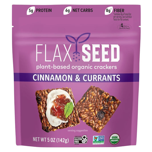 Flackers Organic Flax Seed Crackers Cinnamon & Currants, 5 Ounce 1 Pack, Gluten Free, Non GMO, Vegan, Naturally Sweet