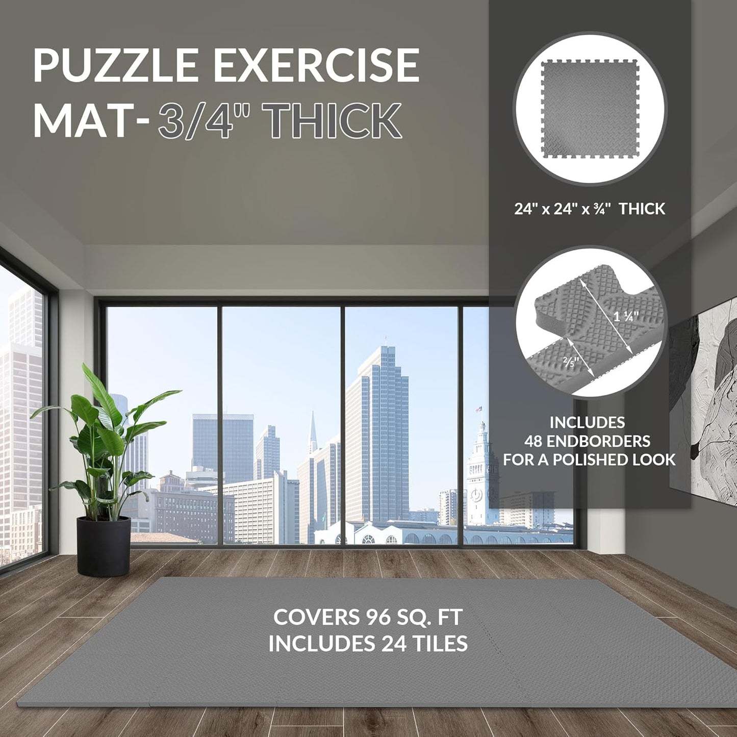 Puzzle Exercise Gym Flooring Mat, 3/4" Thick High-Density EVA Interlocking Tiles, Workout Mat for Home Gym, Fitness Equipment, MMA, Gymnastics, 24-Piece Shock-Absorbing Exercise Mat (96 Sq Ft)