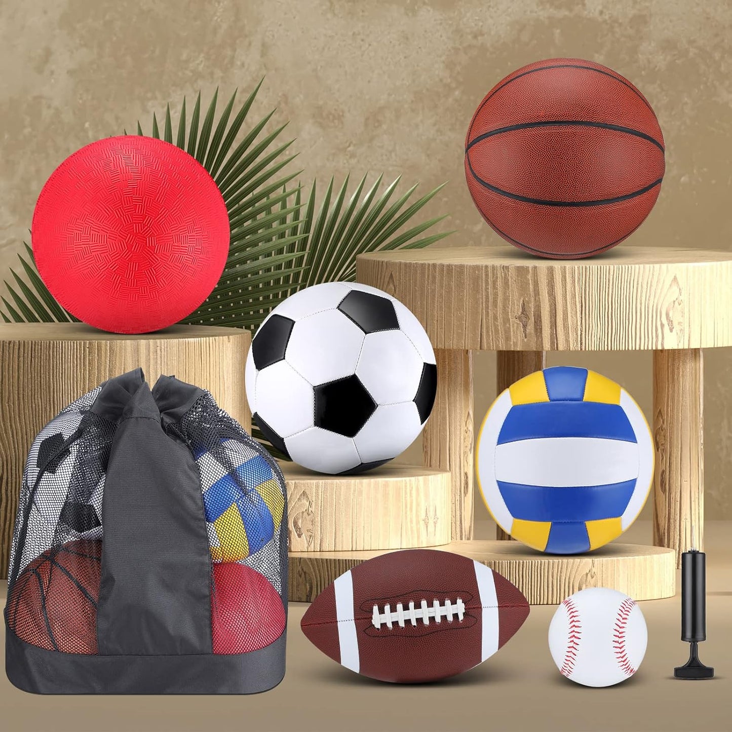 Libima 6 Pcs Multi Sport Ball Set Official Size Football, Basketball, Soccer, Volleyball, Playground Ball, Baseball with Sports Equipment Bag Pump for Teen Adult Christmas School Gift