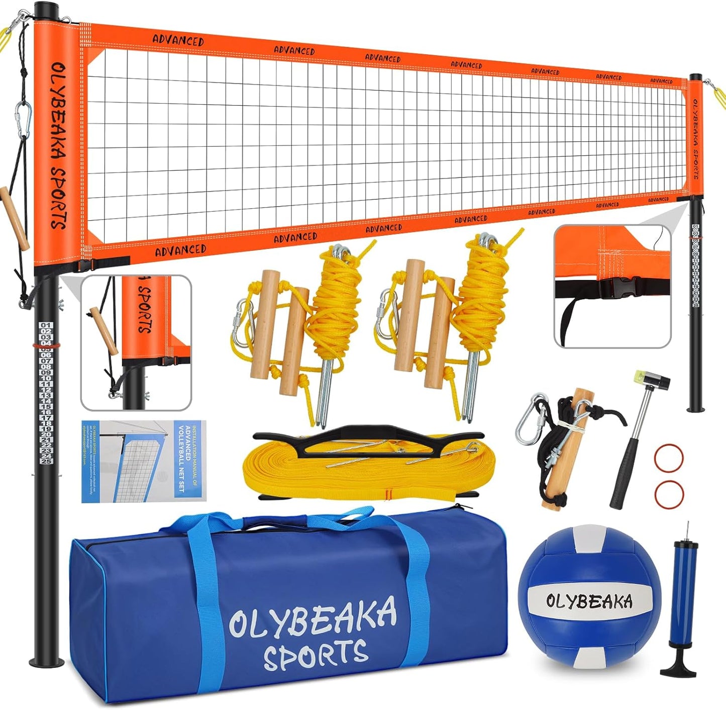 Outdoor Professional Volleyball Net Set for Backyard Beach with Heavy Duty Adjustable Aluminum Poles, Upgraded Anti-sag Net, PU Volleyball and Pump, Boundary Line, Large Carry Bag