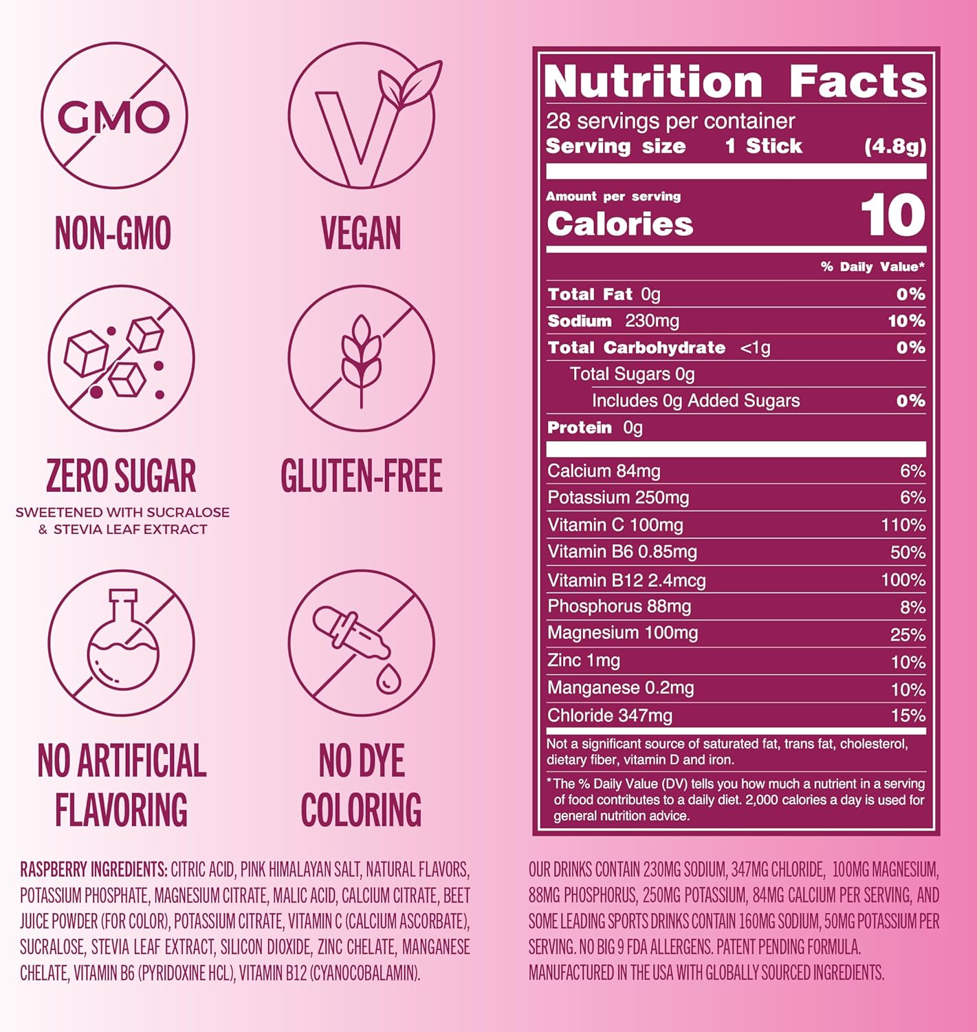 TREVI™ Sugar Free Electrolytes - Drink Mix Hydration Powder Packets - 28 Count - Raspberry