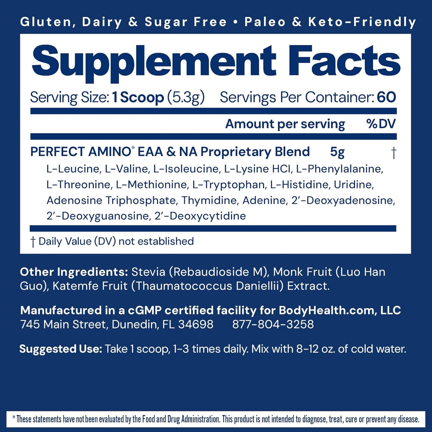 BodyHealth PerfectAmino Powder - BCAA and EAA Powder for Pre and Post Workout - Amino Acid Energy Drink for Men and Women to Support Lean Muscle and Recovery - Unflavored - 60 Servings