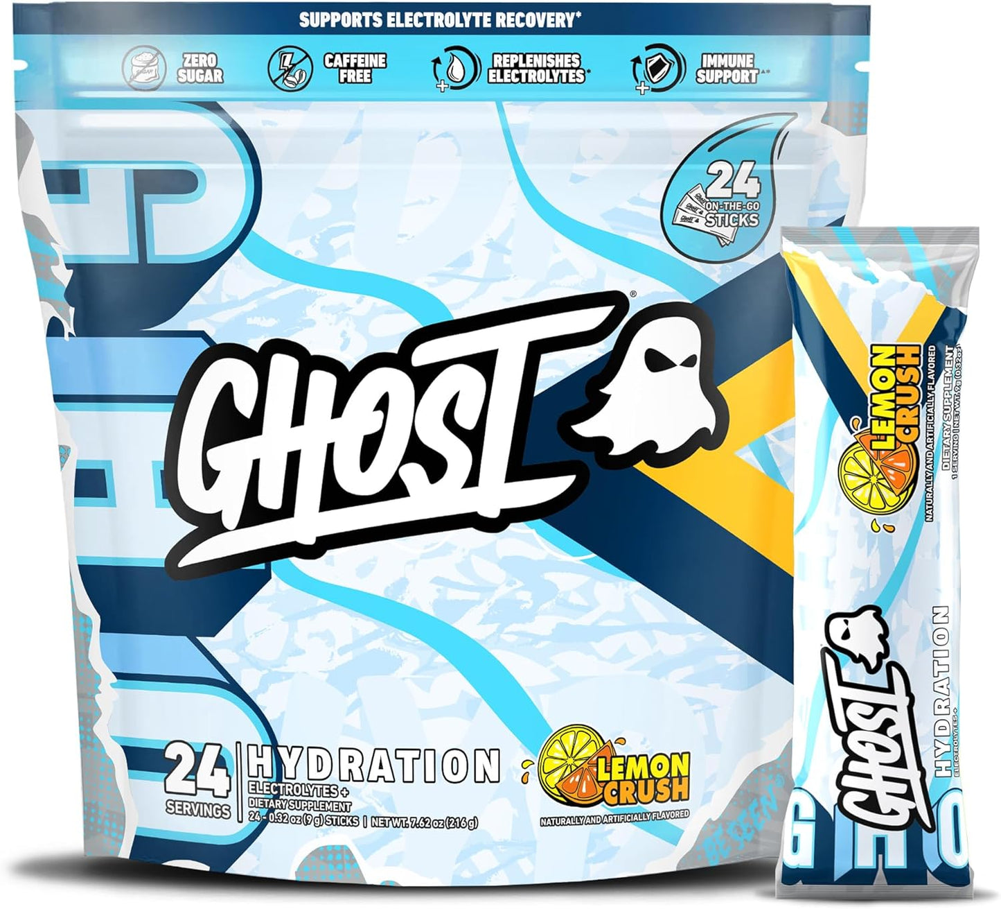GHOST Hydration Packets, Lemon Crush, 24 Sticks, Electrolyte Powder - Drink Mix Supplement with Magnesium, Potassium, Calcium, Vitamin C - Vegan Friendly, Free of Soy, Sugar & Gluten