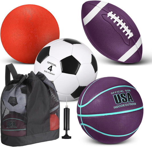 Deekin 4 Pcs Sport Balls Set for Kids Teens, Include Official Size 5 Basketball 4 Soccer 6 Football Playground Ball and Pump Sports Equipment Bag Recess Equipment Sport for Students(Purple, Teal)