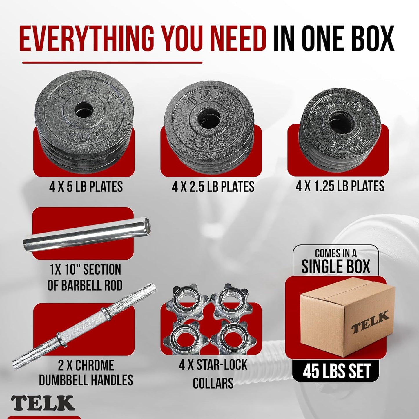 TELK – Adjustable Dumbbell Set – Home Gym Weight Set with Baked Enamel Cast Iron Plates – Space-Saving Free Weights for Strength Training