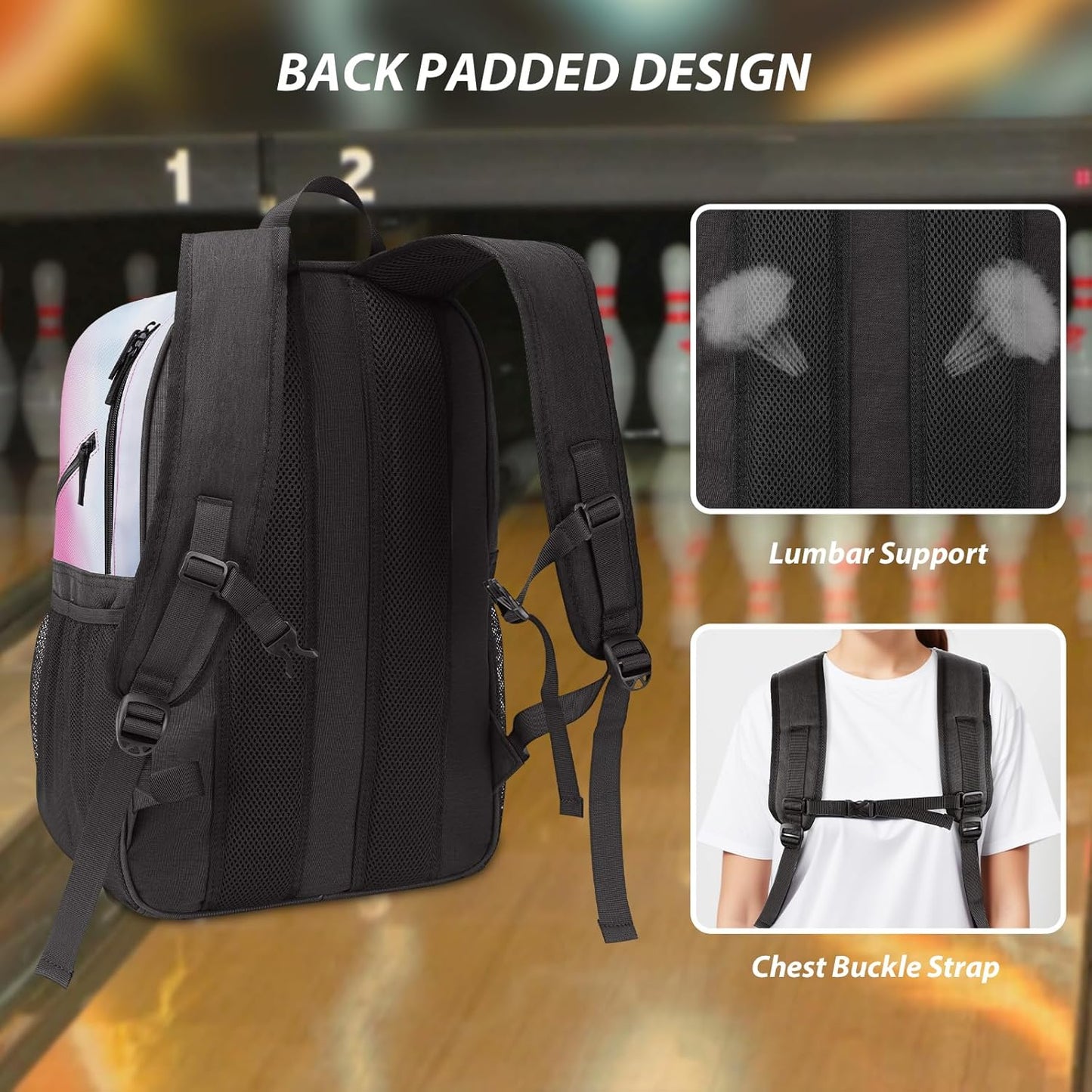 Bosynoy Bowling Backpack, Bowling Ball Bag Totes for Single Ball with Shoe Compartment & Foam Padded, Fits Shoes Up to US Mens Size 16, Grey