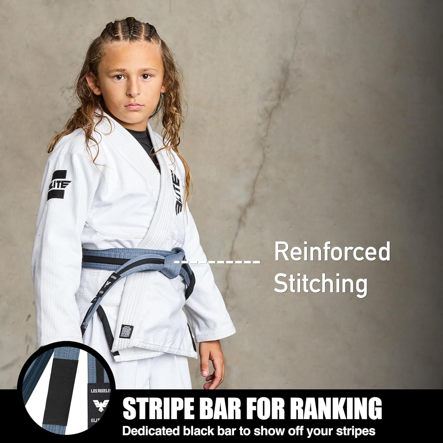 Elite Sports Kids Brazilian Jiu Jitsu Belts Preshurunk Martial Arts Youth BJJ Belts for Girls & Boys with BJJ Ranking Stripes