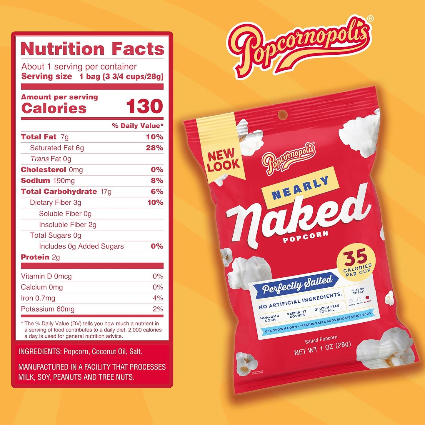 Popcornopolis Perfectly Salted Nearly Naked 6 ct, 1 oz Case, Salt Flavored Better-For-You Popcorn
