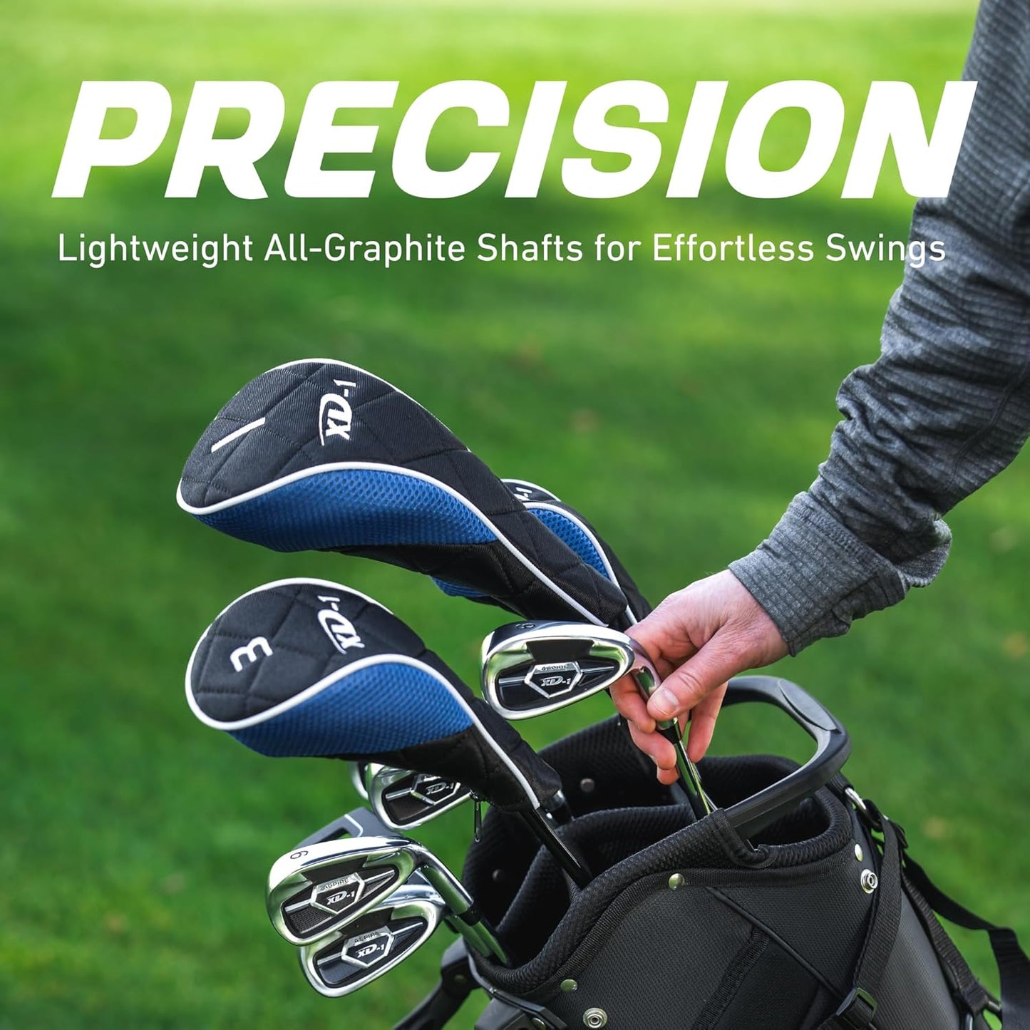 Aspire XD1 Men's Senior All Graphite Complete Golf Clubs Package Set Includes Titanium Driver, S.S. Fairway, S.S. Hybrid, S.S. 6-PW Irons, Putter, Stand Bag, 3 H/C's Right Hand