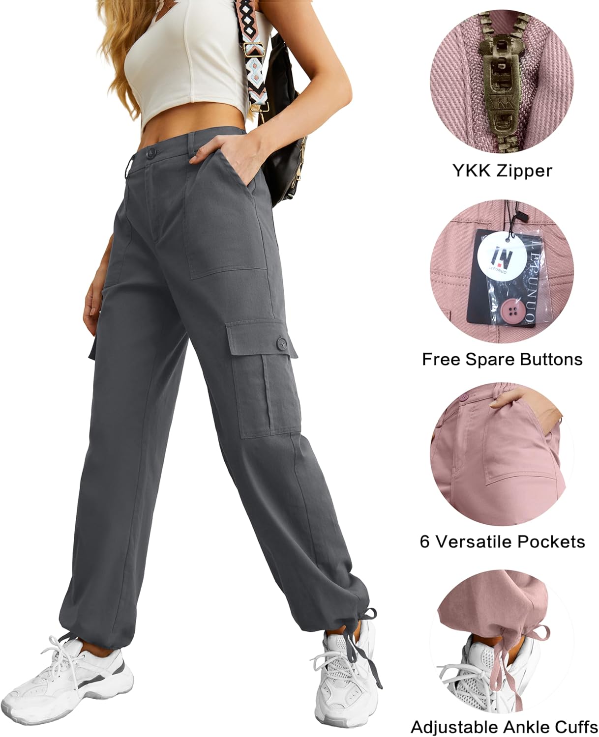 Lepunuo Women's High Waisted Cargo Pants Travel Y2K Streetwear Baggy Stretchy Pants with 6 Pockets Drawstring Ankle Cuffs