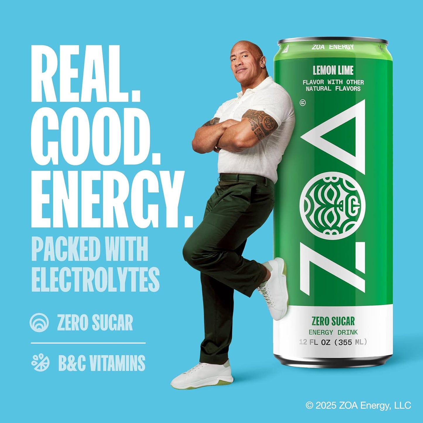 ZOA Energy Sugar Free Energy Drinks With Electrolytes For Hydration, Lemon Lime - 12 Fl Oz (12-Pack)