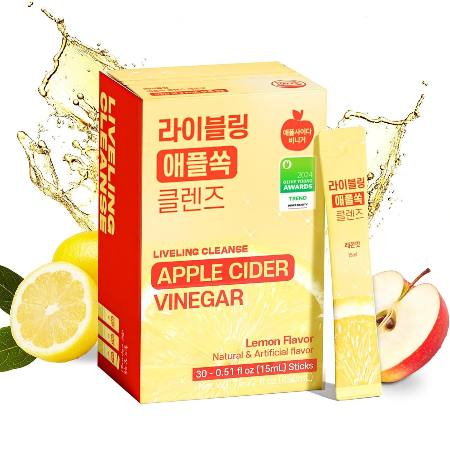 [Liveling] Apple Cider Vinegar Drink Stick – Lemon Flavor | Supports Digestion, Daily Cleanse, Sugar-Free, Low-Calories, Portable On-The-Go Packets (30 sticks)