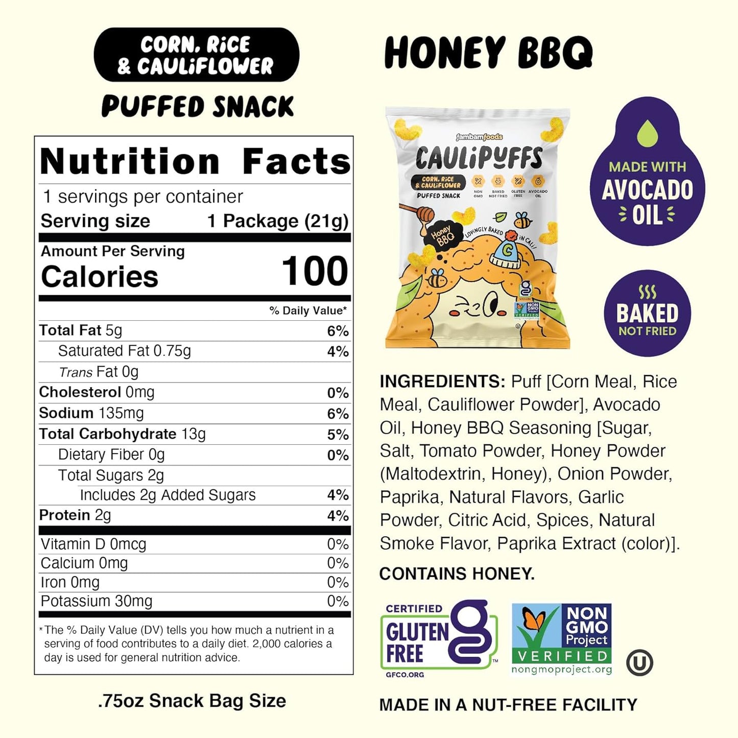 CauliPuffs - Corn, Rice, and Cauliflower Gluten Free Puffed Snack (15 X 0.75oz Bags, Honey BBQ)