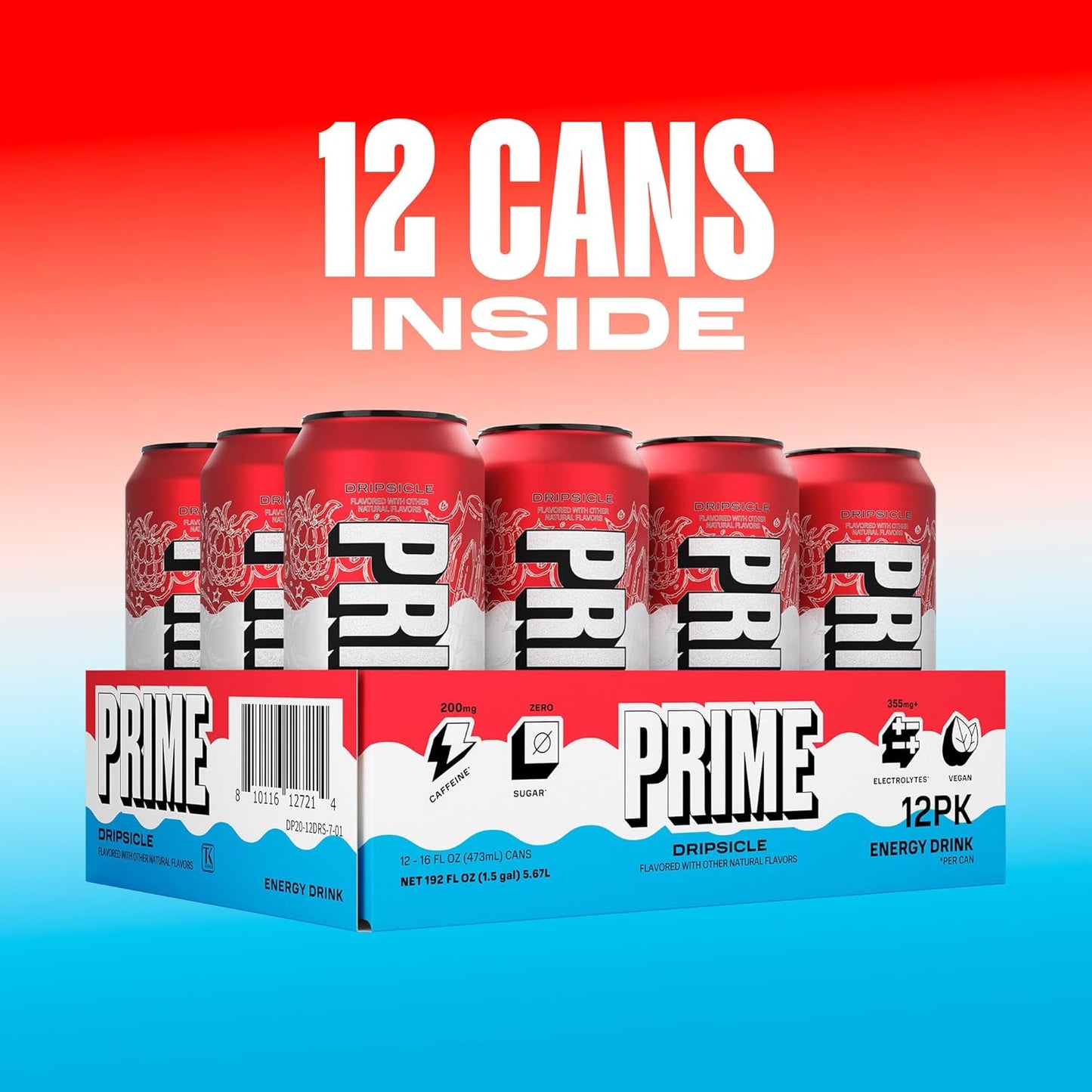 PRIME Energy DRIPSCICLE, Zero Sugar Energy Drink, 200mg Caffeine and 300mg of Electrolytes for Hydration, Vegan, Gluten Free,16 Fluid Ounce, 12 Pack