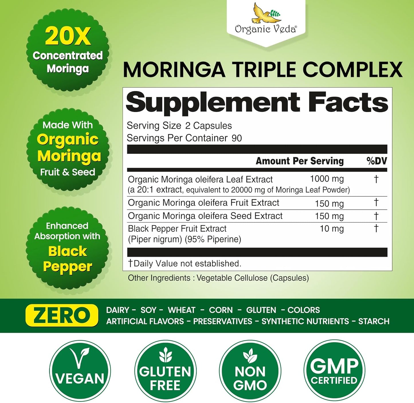 Organic Veda Moringa Capsules Triple Complex - 20 X Concentrated Organic Moringa Leaf Extract with Seed & Fruit Powder Vitamin, Antioxidant - Joints & Energy Support - 180 Vegan Capsule