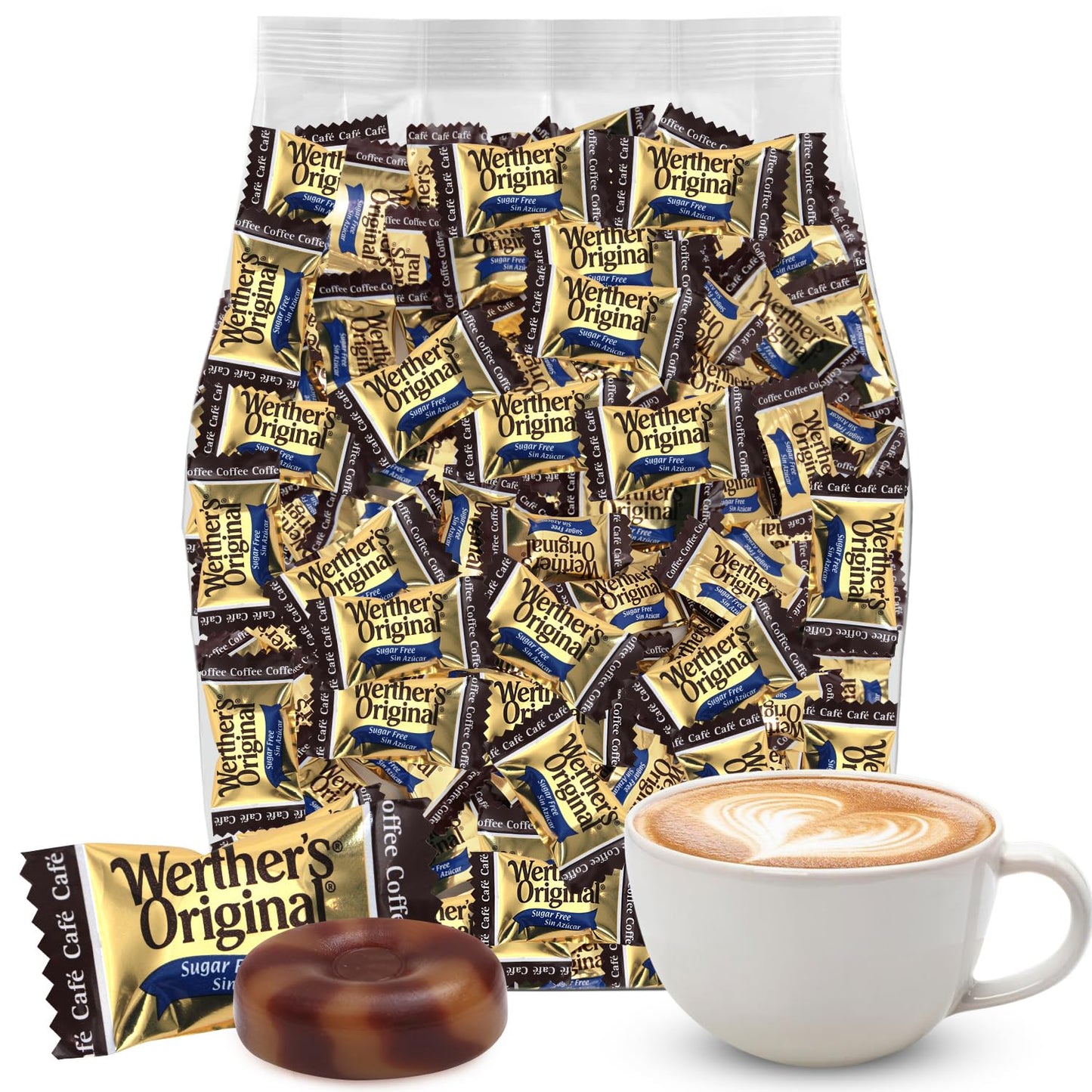 Werther's Original Hard Sugar Free Coffee Caramel Candy, Individually Wrapped Healthy Sweet Coffee Caramel Bites for Guilt-Free Pleasure, Melts in Your Mouth in a Satisfying Creamy Way, 1lb (Correct Sugarfree Ingredients in Listing)
