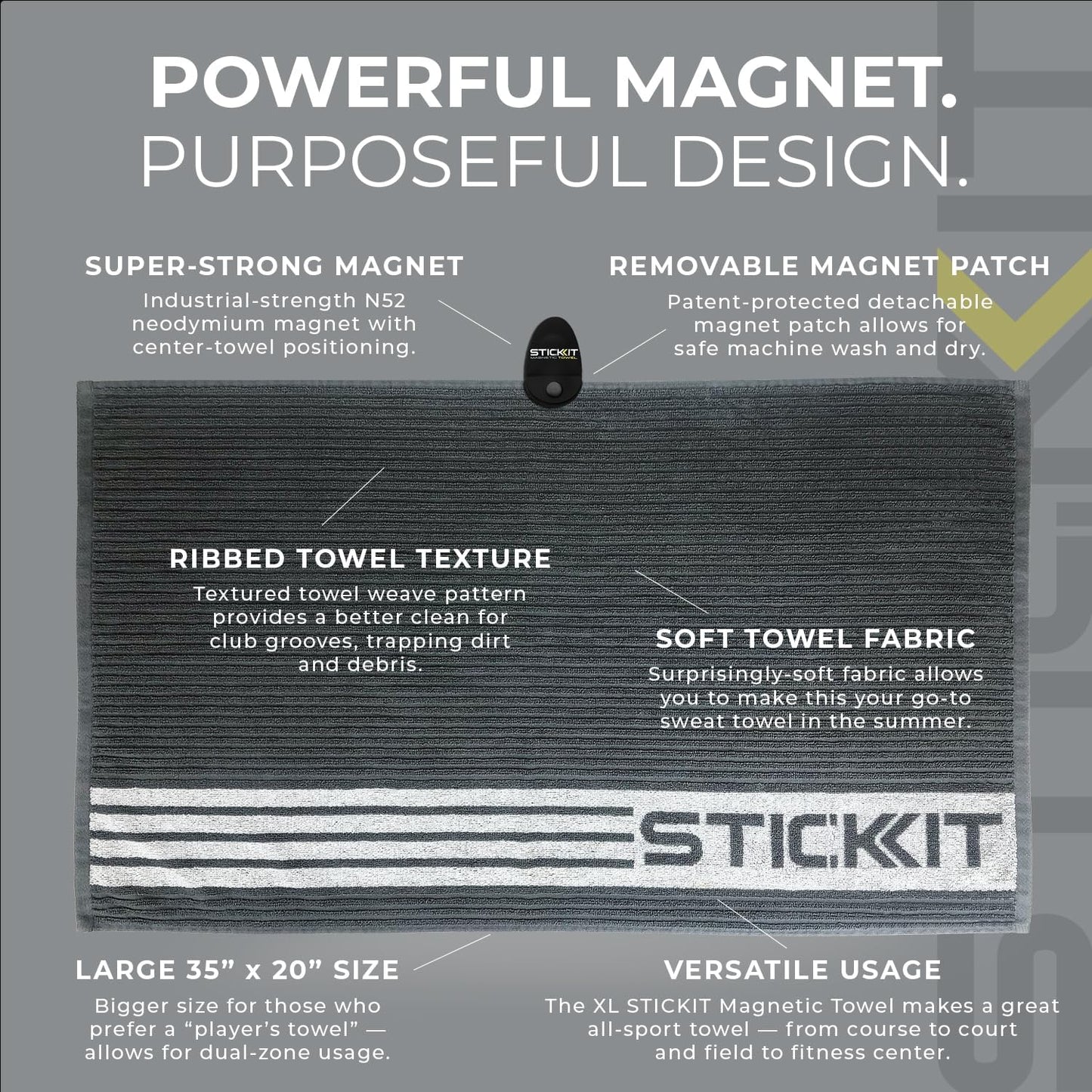 STICKIT XL Magnetic Golf Towel, Premium 35" x 20" Microfiber with Deep Waffle Pockets, Industrial Strength Magnet for Secure Hold to Golf Carts & Clubs, Ultra-Absorbent, Fast-Drying, Easy-Clean Design