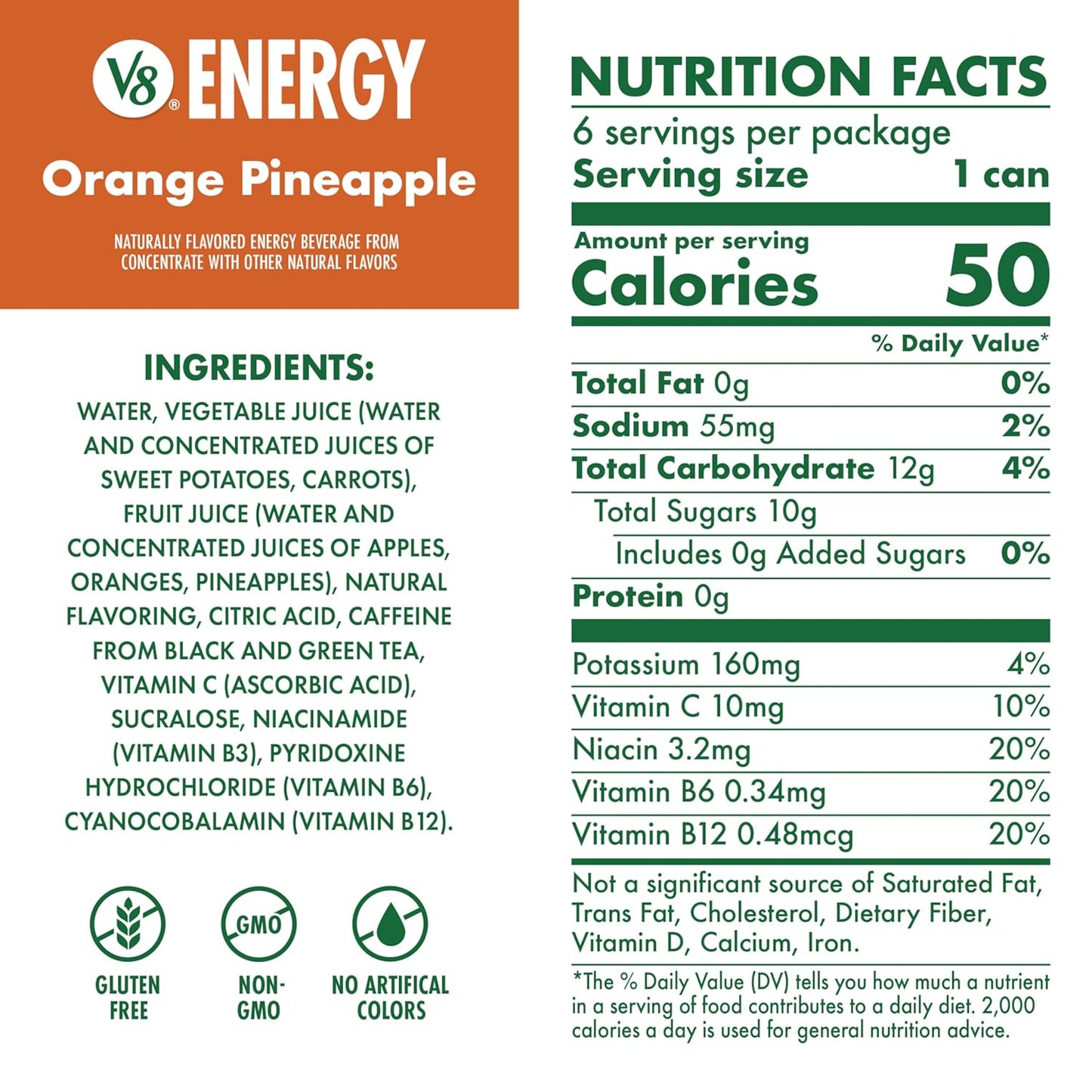 V8 Energy Orange Pineapple Energy Drink, 8 fl oz Can (24 Pack)