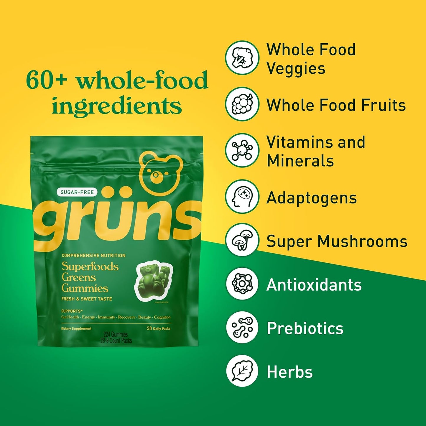Gruns Adult Sugar-Free Super Greens Gummies, Superfood Gummy Bears with Spirulina, Chlorella, Fiber & Prebiotics for Digestive Health, Adaptogens Supplement with 20 Vitamins & Minerals, 28 Packets