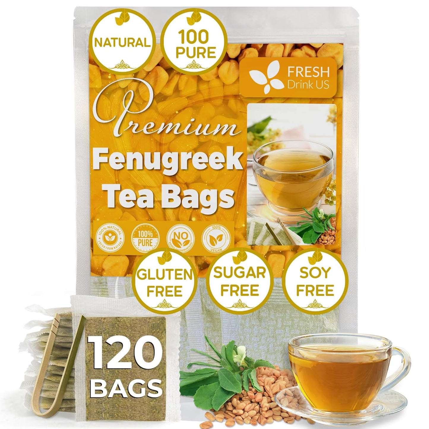 FreshDrinkUS, Premium 120 Fenugreek Tea Bags, 100% Natural & Pure from Fenugreek. Fenugreek Herbal Tea. Made with Natural Material Tea Bags. No Sugar, No Caffeine, No Gluten, Vegan.