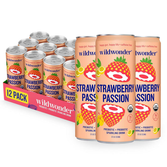 wildwonder Sparkling Probiotic Drink 12pk, For Gut Health & Immune Support, Strawberry Passion, 5g Prebiotic Fiber, Live Probiotics, Organic, Vegan, Low Sugar, 12 Pack, 12oz Can, As Seen on Shark Tank