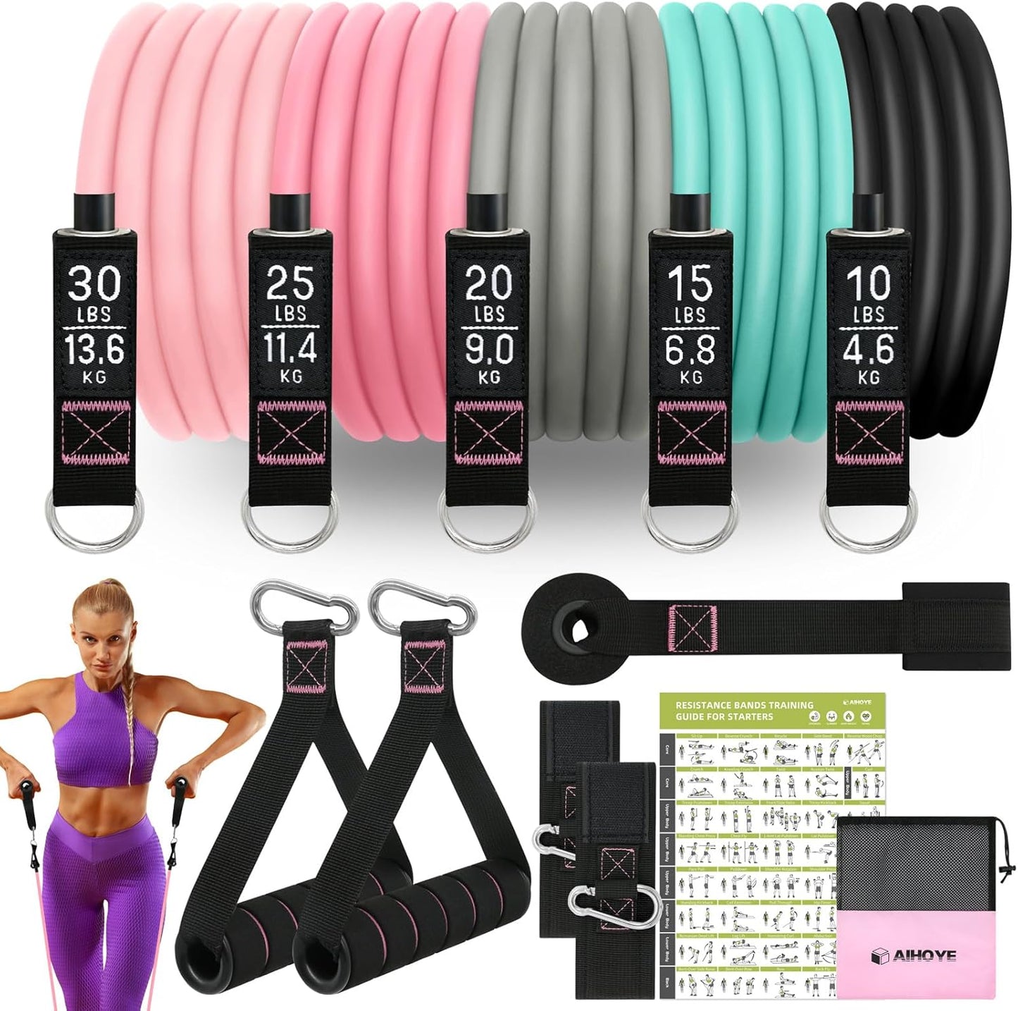 Aihoye Resistance Bands for Working Out, Exercise Bands with Handles, Stretch Bands for Exercise, Workout Bands with Door Anchors for Physical Therapy & Strength Training