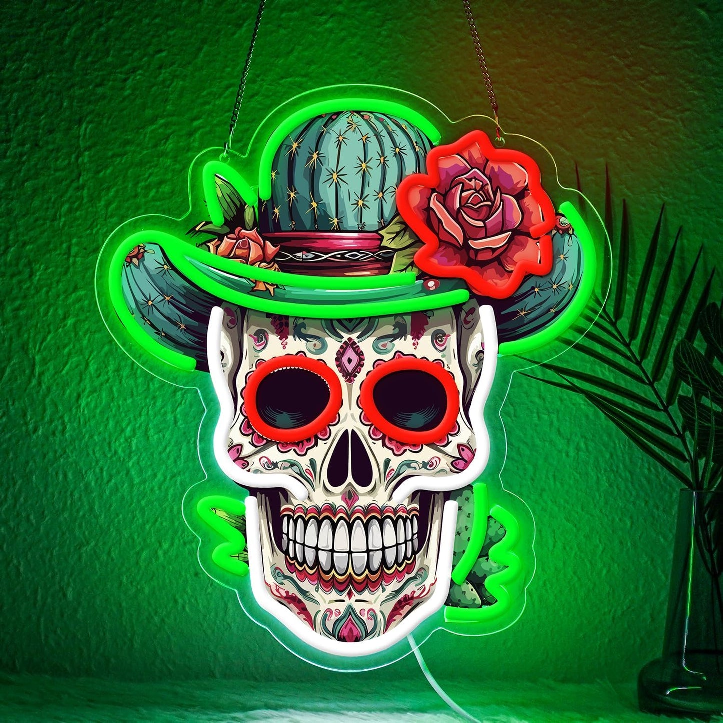Day of the Dead Neon Sign - Mexican Sugar Skull LED Neon Light for Home & Bar Decor,UV Printed Art with Flexible LED Strip,Halloween & Día de Muertos Party Decoration（green)