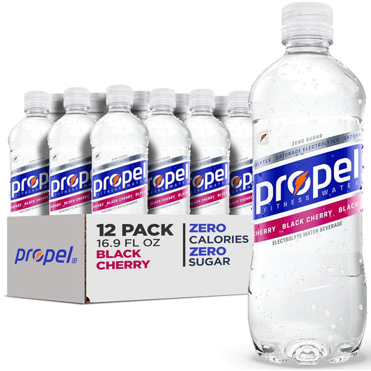 Propel Electrolyte Enhanced Water Sports Drink, Black Cherry Flavored Water, Zero Calorie & Zero Sugar Hydration with Electrolytes and Vitamins C & E, 16.9 fl oz Water Bottles (12 Pack)