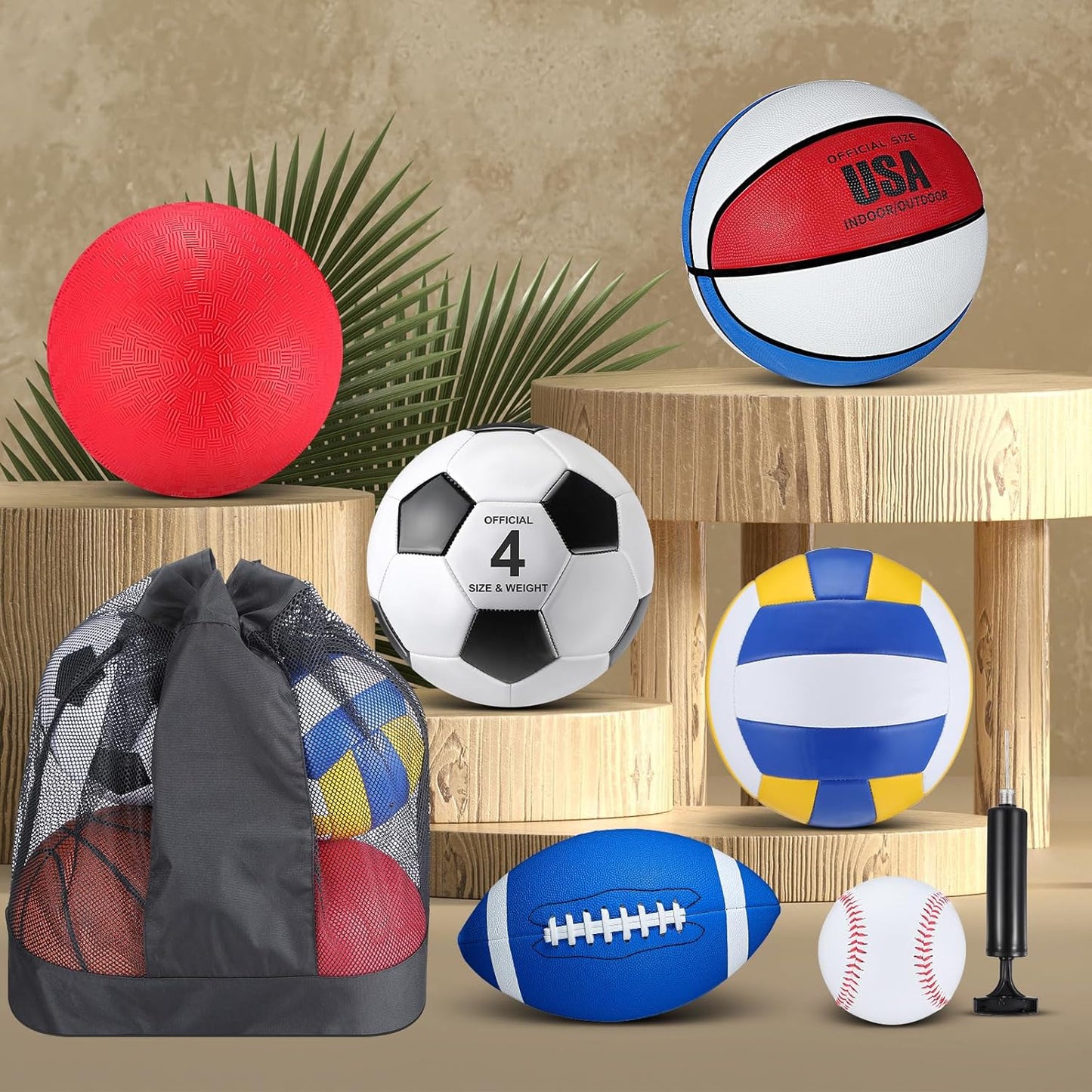 Realspring 6 Pcs Multi Sport Ball Set for Kid Teen Operation Christmas Official Size Football, Basketball, Soccer, Volleyball, Playground Ball, Baseball with Sports Equipment Bag Pump