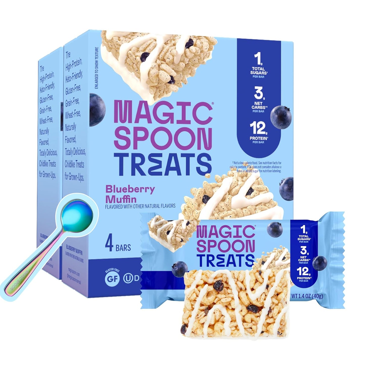 MAGIC SPOON Treats I High Protein Bars I Low Carb I Keto Friendly I 1g of Sugar I Gluten Free Crispy Treat I Cereal Bar & On-The-Go Healthy Snack (Blueberry Muffin, 8 Bars)
