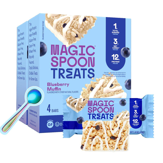 MAGIC SPOON Treats I High Protein Bars I Low Carb I Keto Friendly I 1g of Sugar I Gluten Free Crispy Treat I Cereal Bar & On-The-Go Healthy Snack (Blueberry Muffin, 8 Bars)