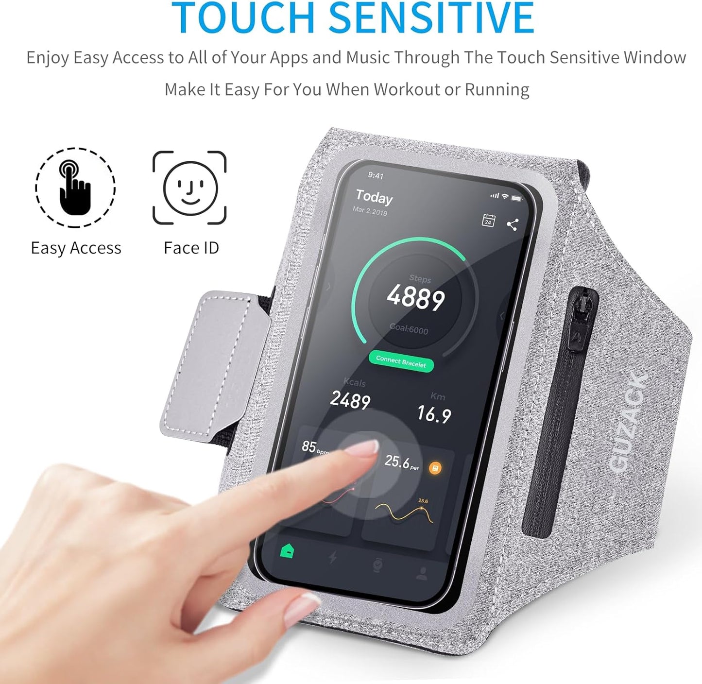 GUZACK Running Armband Case for iPhone 16/15/14/13/12/11 Pro Max, Galaxy S25/S24/S23/S22, Universal Cell Phone Arm Holder with Key Pocket & Card Slot, Gray