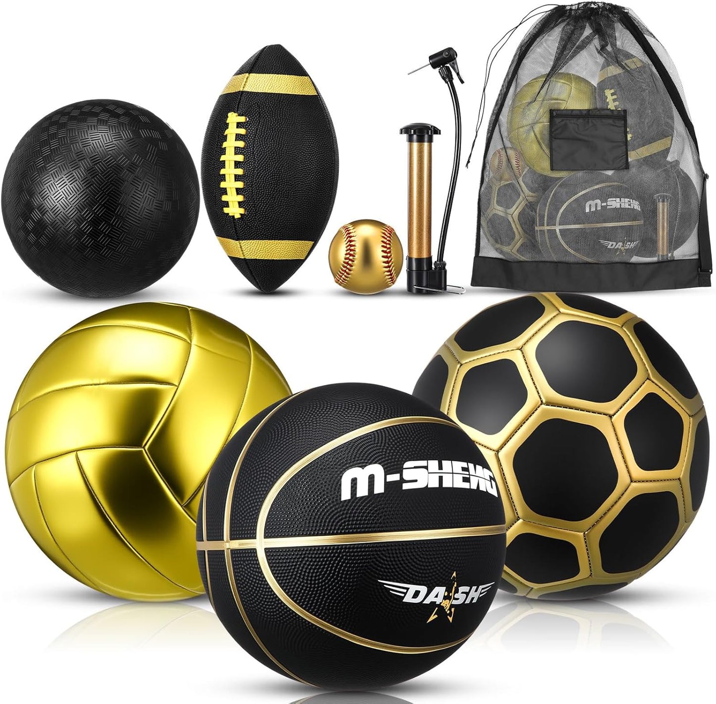 6 Pcs Multi Sport Ball Set Official Size Football, Basketball, Soccer, Volleyball, Playground Ball, Baseball with Equipment Bag Pump for Teen Adult Sport Gift Back to School