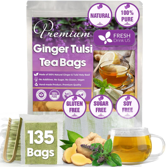 FreshDrinkUS, Premium 135 Ginger Tulsi Tea Bags, 100% Natural, Hand-made Blend of Ginger and Tulsi Holy Basil Leaves, Eco-conscious Tea Bags. Ginger Tulsi Herbal Tea. No Sugar, No Caffeine, Vegan.