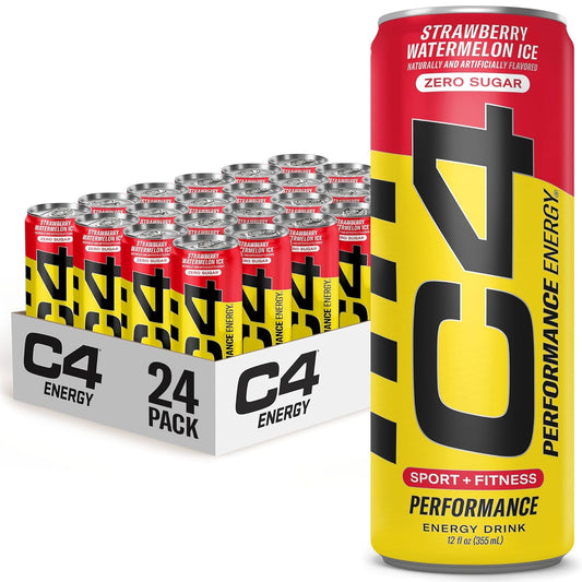 C4 Energy Drink 12oz (Pack of 24) - Strawberry Watermelon Ice - Sugar Free Pre Workout Performance Drink with No Artificial Colors or Dyes