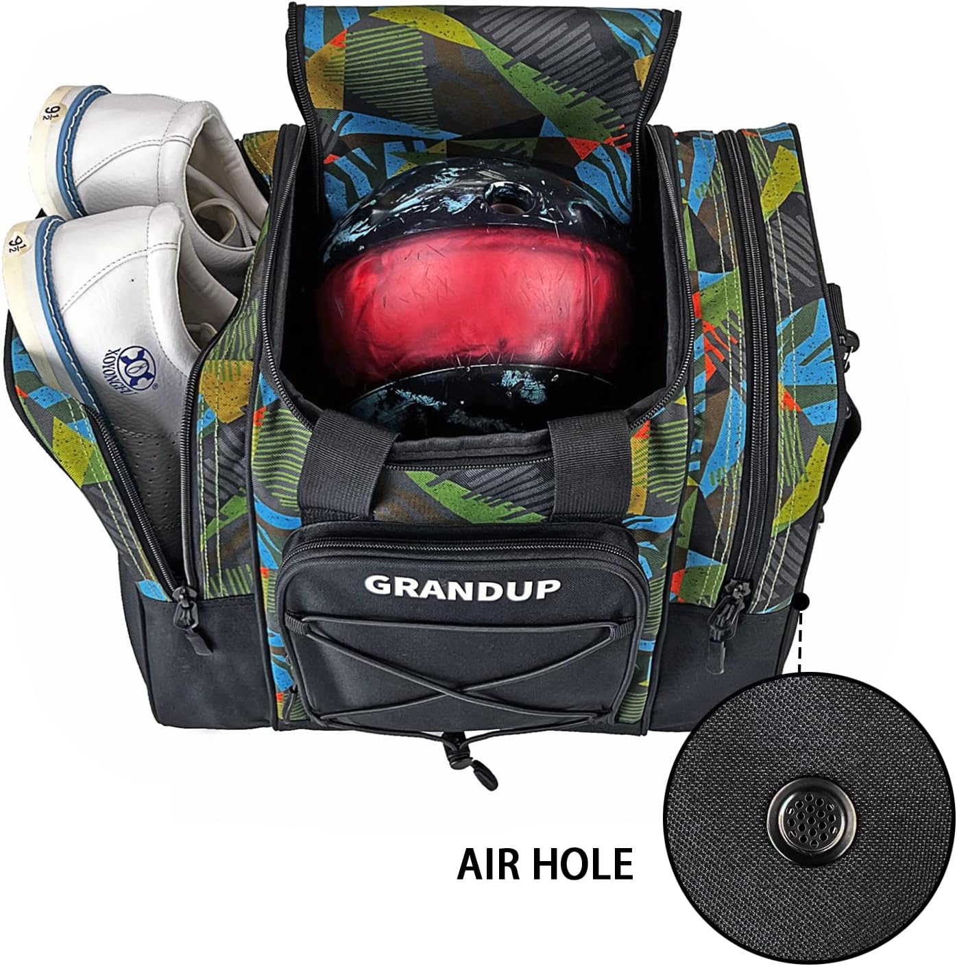 GRANDUP Bowling Ball Bag for Single Ball - Black Bowling accessories Ball Tote Bag Bowling Bag with Padded Ball Holder - Fits Bowling Shoes Up to Mens Size 14