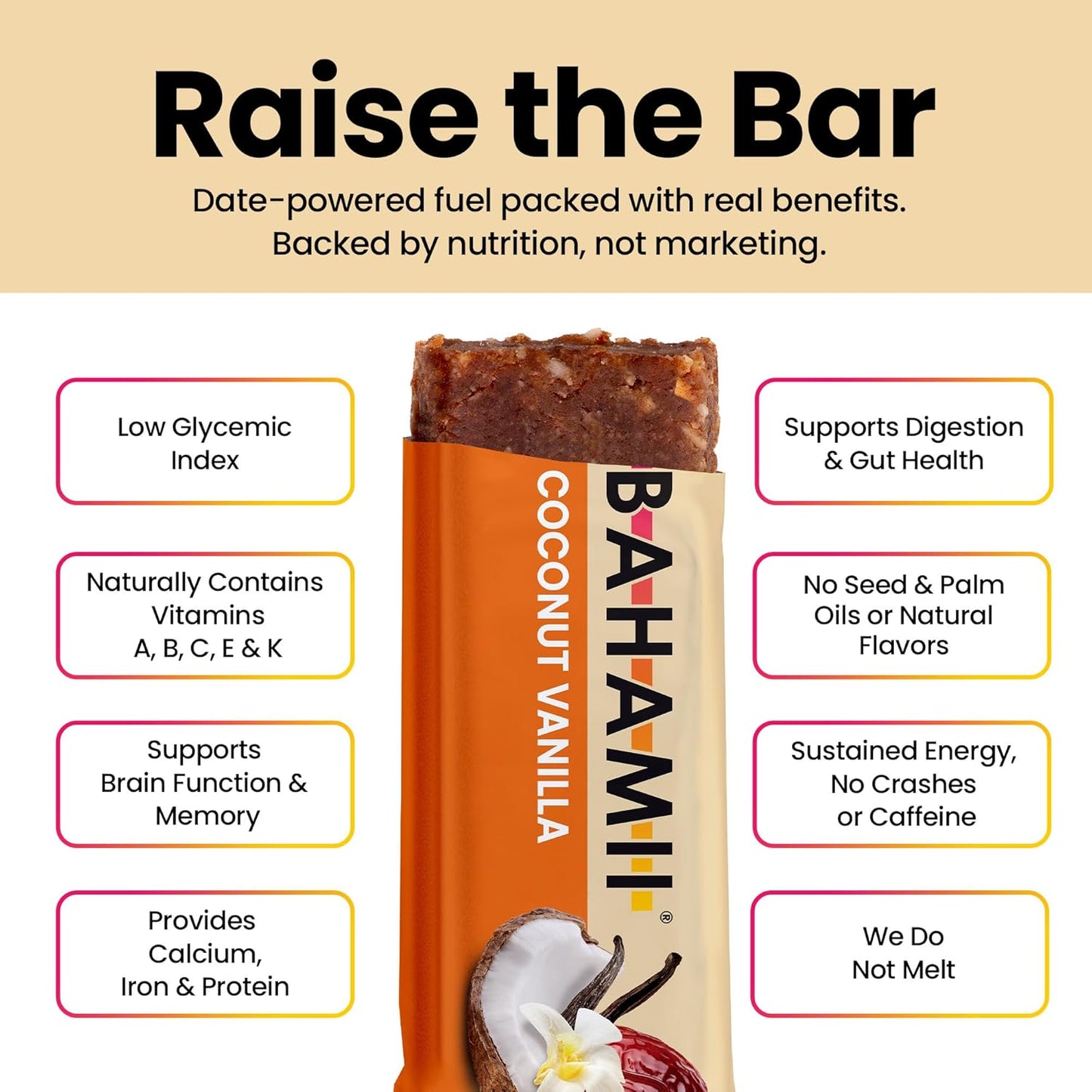 Bahamii Almond Nut & Date Bars - Coconut Vanilla, 12 Pack, Only 6 Ingredients, Soft & Delicious Snack Bar with Almonds, Dates, Organic Coconut, Vanilla, Sea Salt, Diabetic Snacks, Gluten Free, Vegan