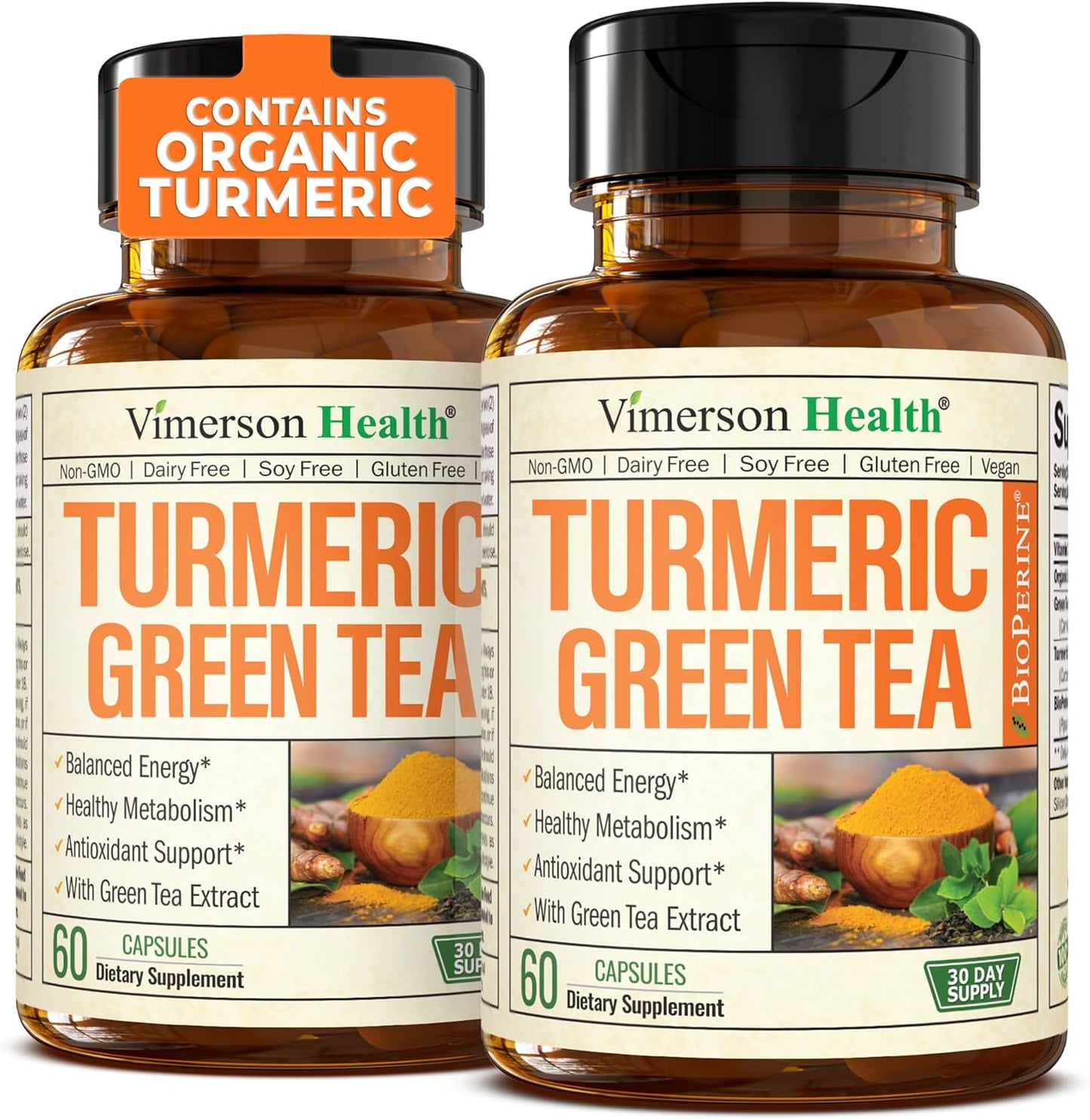 Turmeric Supplement & Green Tea Extract Capsules. Green Tea Supplement with Organic Turmeric Curcumin with Black Pepper & Vitamin C for Joint Health, Antioxidant Support & Healthy Metabolism. 2 Pack